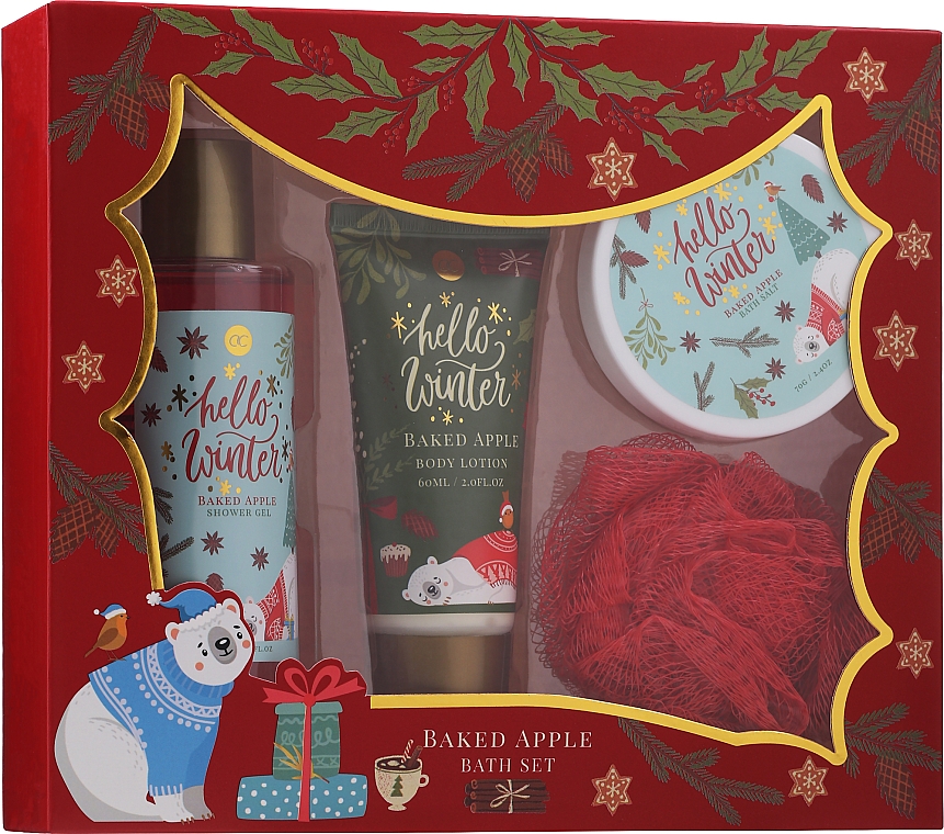 Zestaw - Accentra Hello Winter Baked Apple Bath Set (b/lot/60ml + sh/gel/150ml + b/salt/70g + sponge) — Zdjęcie N1