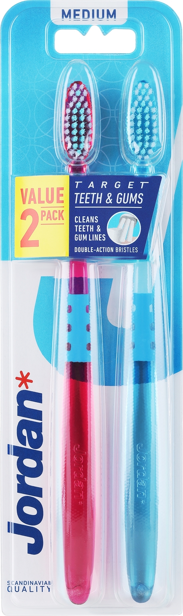 Szczoteczki do zębów, średnia twardość, niebieska + różowa bez wzorów - Jordan Target Teeth Toothbrush — Zdjęcie 2 szt.