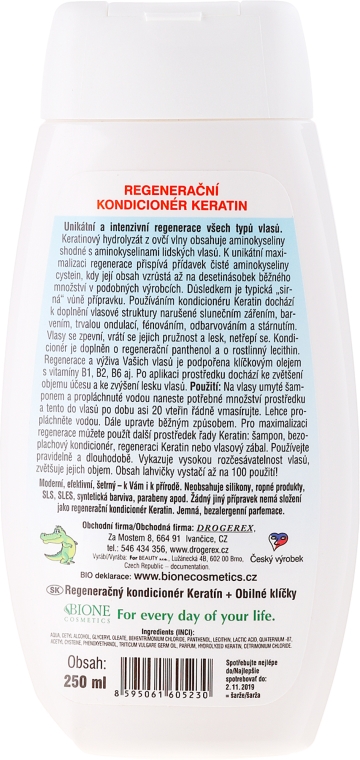 Regenerująca odżywka do włosów z olejem z kiełków zbóż - Bione Cosmetics Keratin + Grain Sprouts Oil Regenerative Conditioner — Zdjęcie N2