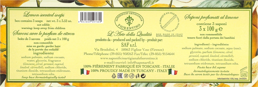 Zestaw naturalnych mydeł w kostce Cytryna - Saponificio Artigianale Fiorentino Lemon Soap (3 x soap 100 g) — Zdjęcie N3