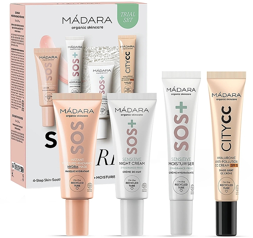 Zestaw - Madara Cosmetics SOS Care 4-Step Skin-Soothing Routine Set (f/mask 17 ml + f/cr 15 ml + f/cr 17 ml + cc/cr 15 ml) — Zdjęcie N1