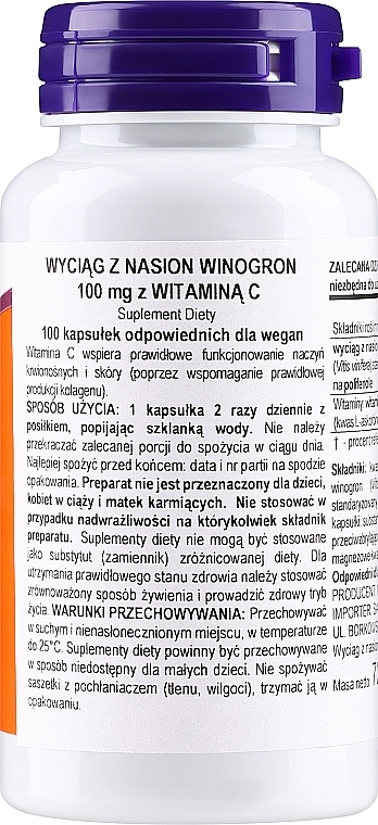Suplement diety z ekstraktem z pestek winogron w kapsułkach, 100 mg - Now Foods Grape Seed 100mg Standardized Extract  — Zdjęcie N2