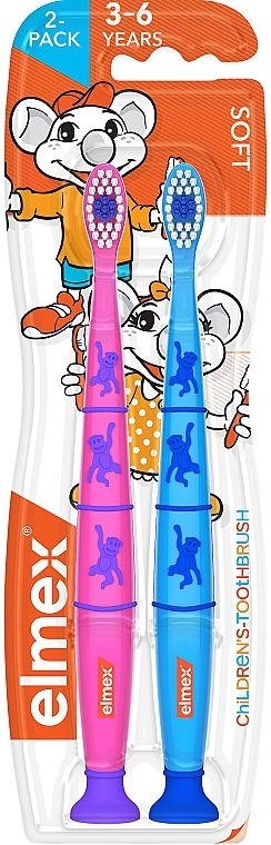 Szczoteczki do zębów dla dzieci 3-6 lat różowa + niebieska z małpkami, 2 szt. - Elmex Toothbrush — Zdjęcie N1