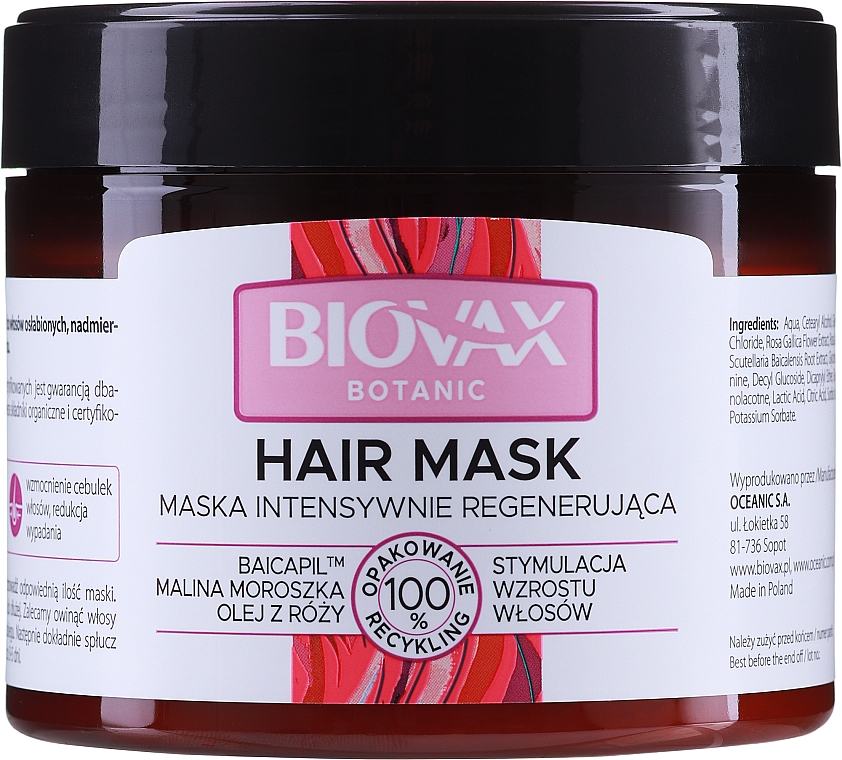 Intensywnie regenerująca maska do włosów Baicapil, malina moroszka i olej z róży - Biovax Botanic — Zdjęcie N1