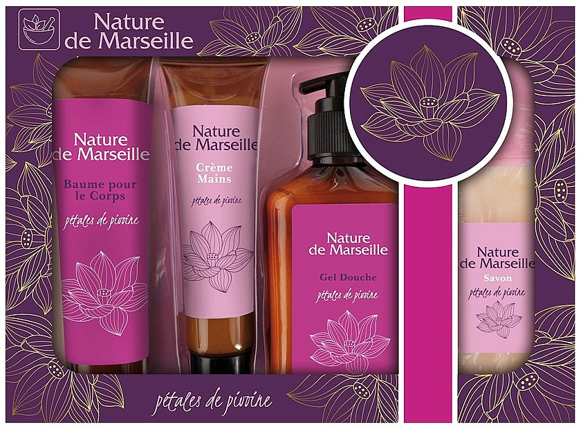 Zestaw kosmetyków o zapachu piwonii - Nature de Marseille (b/balm/100ml + h/cr/60ml + sh/gel/150ml + soap/95g) — Zdjęcie N1