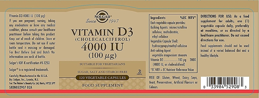 Suplement diety Witamina D3, 4000 IU - Solgar Vitamin D3 4000 IU — Zdjęcie N3