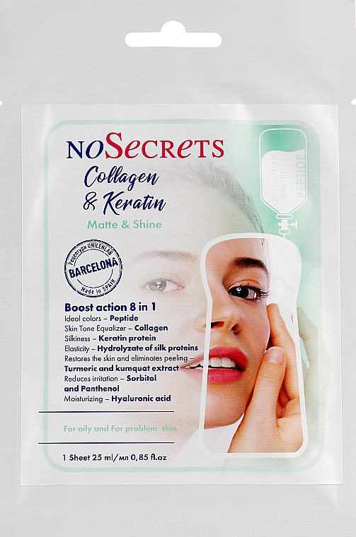 Maseczka do twarzy na tkaninie z peptydami Intensywna regeneracja - FCIQ Kosmetika s intellektom NoSecrets Collagen And Keratin Matte&Shine