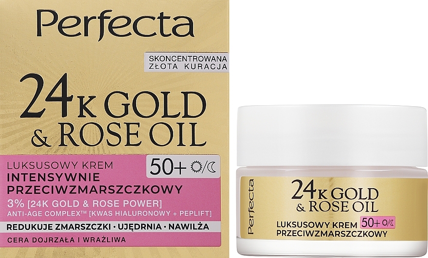 Luksusowy krem intensywnie przeciwzmarszczkowy do twarzy - Perfecta 24k Gold & Rose Oil Anti-Wrincle Cream 50+ — Zdjęcie N1