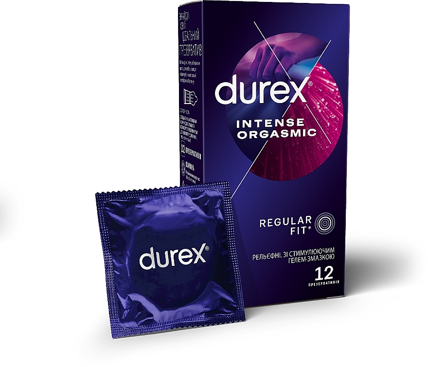 Prezerwatywy lateksowe z lubrykantem silikonowym, z wytłoczonym stymulującym lubrykantem żelowym, 12 szt. - Durex Intense Orgasmic — Zdjęcie N1
