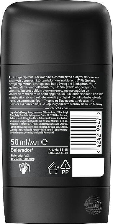 Antyperspirant w sztyfcie dla mężczyzn - NIVEA MEN Black & White Invisible Fresh — Zdjęcie N2