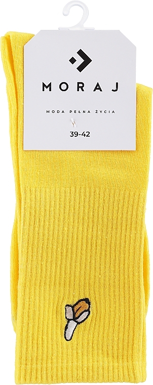 Długie bawełniane skarpetki z haftem, 1 para, żółte z bananem - Moraj