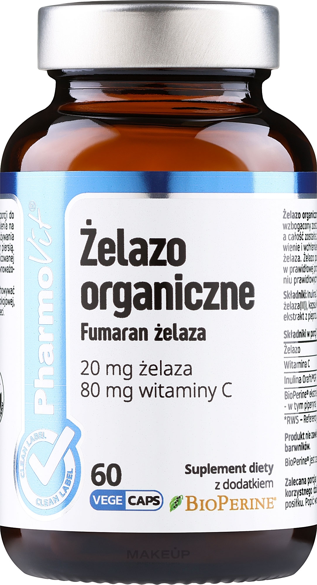 Suplement diety Żelazo organiczne, 20 mg - Pharmovit Clean Label  — Zdjęcie 60 szt.