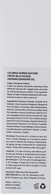 Olejek hydrofilowy do demakijażu - Celimax Derma Nature Fresh Blackhead Jojoba Cleansing Oil — Zdjęcie N3