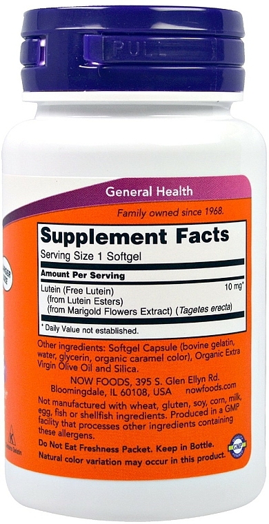 Suplement diety Luteina, 10 mg - Now Foods Lutein Softgels — Zdjęcie N3