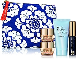 PREZENT! Niebieska wzorzysta kosmetyczka z wypełnieniem - Estee Lauder (lot/30ml + cr/7ml + eye/balm/5ml + mascara/2.8ml + pouch) — Zdjęcie N1