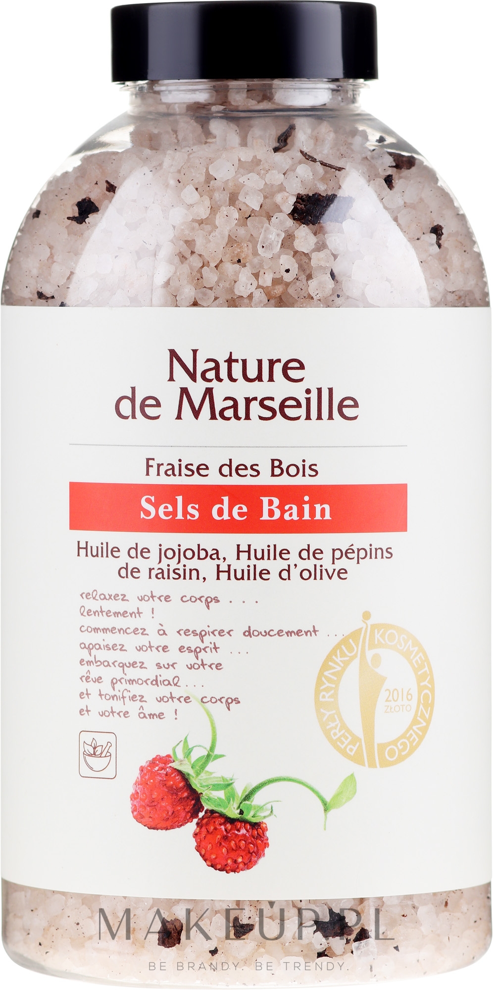 Sól do kąpieli z naturalnymi olejkami i suszonymi owocami o zapachu dzikich poziomek Relaksująca kąpiel - Nature de Marseille — Zdjęcie 650 g