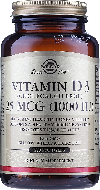 Suplement diety Witamina D - Solgar Vitamin D3 1000 IU Cholekacyferol  — Zdjęcie N3