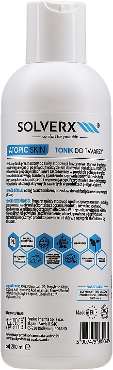 Tonik do twarzy do skóry atopowej - Solverx Atopic Skin Face Toner — Zdjęcie N2