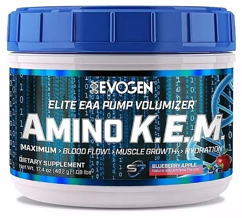 Aminokwasy K.E.M. jagodowo-jabłkowe - Evogen Amino K.E.M. Elite EAA Pump Volumizer Blueberry Apple — Zdjęcie N1