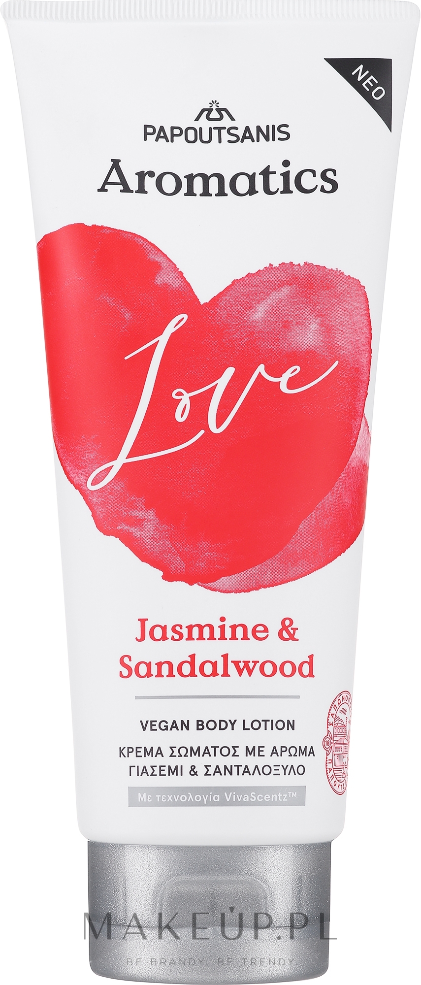 Nawilżający balsam do ciała Jaśmin i drzewo sandałowe - Papoutsanis Aromatics Love Jasmine & Sandalwood Vegan Body Lotion — Zdjęcie 200 ml