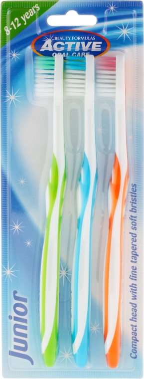 Szczoteczki do zębów dla dzieci 8-12 lat, niebieska + pomarańczowa + zielona - Beauty Formulas Active Oral Care Junior — Zdjęcie N1