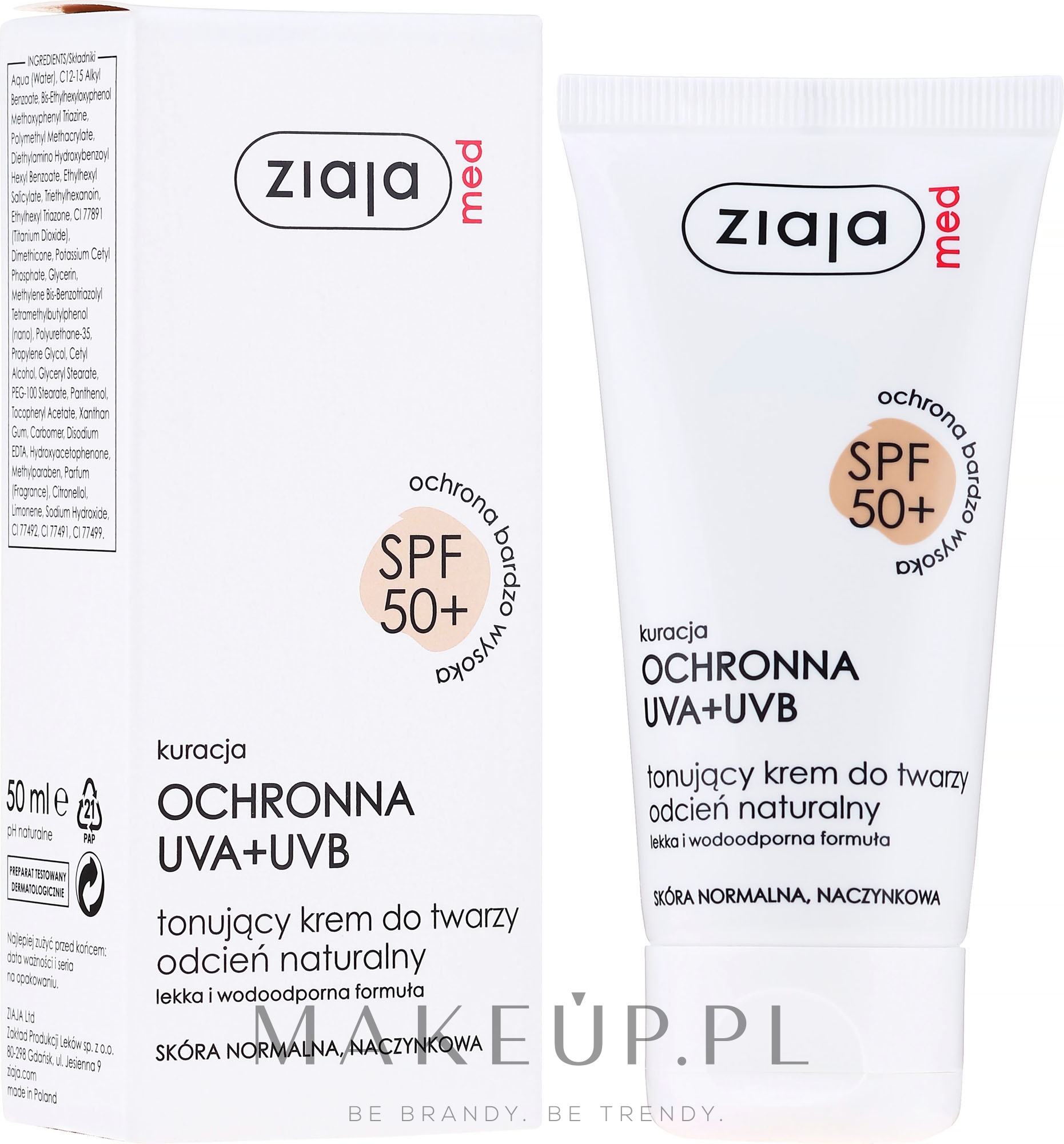 Tonujący krem do twarzy odcień naturalny SPF 50+ - Ziaja Med Toning Face Cream Natural Shade UVA+UVB — Zdjęcie 50 ml