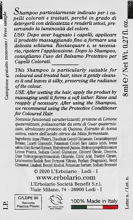 Szampon ochronny do włosów farbowanych - L'Erbolario Protective Shampoo For Coloured Hair (próbka) — Zdjęcie N2