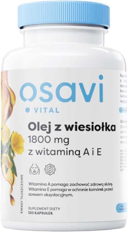 Kapsułki Olej z wiesiołka z witaminami A i E, 1800 mg - Osavi  — Zdjęcie N1