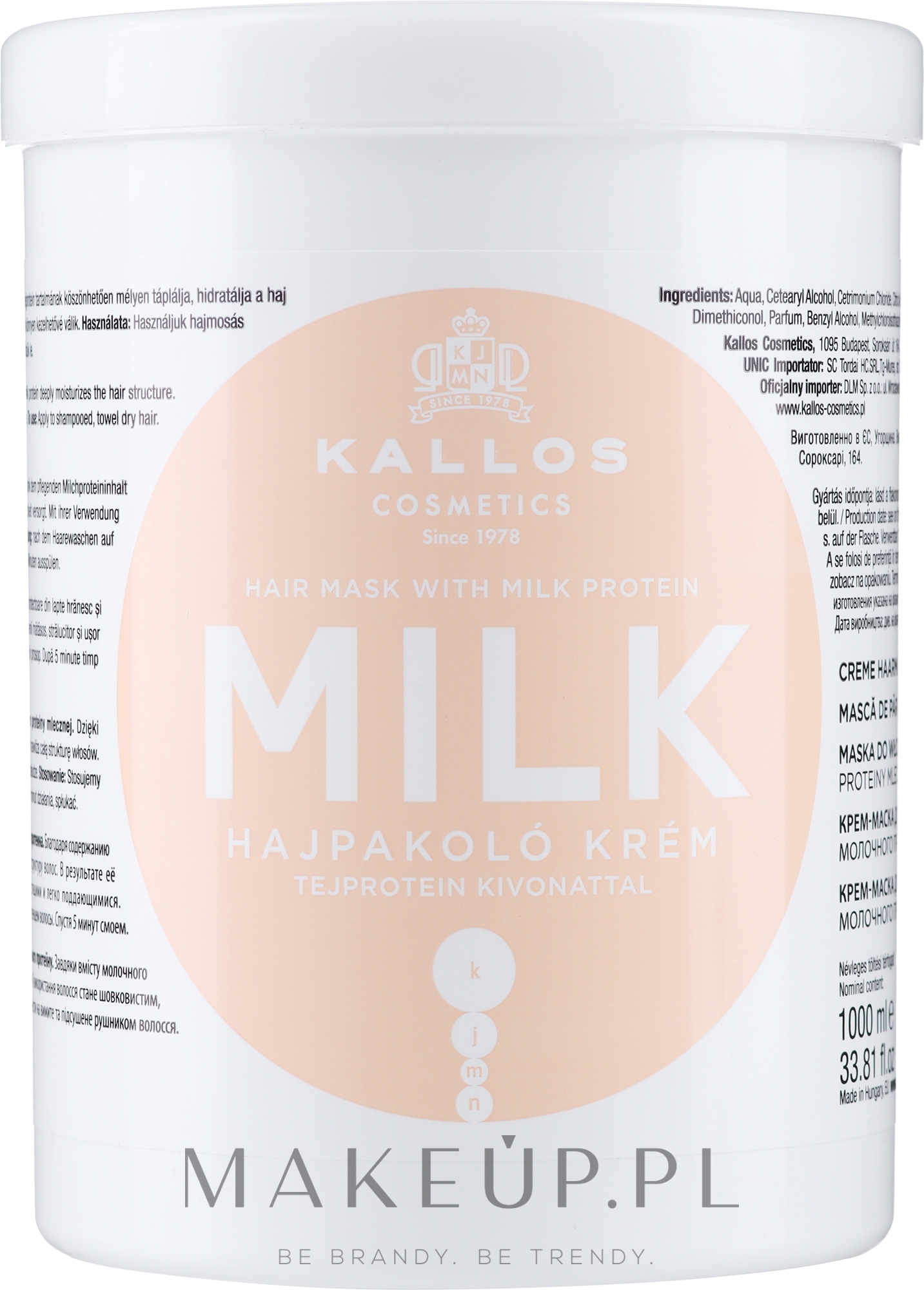 Kremowa maska do włosów z proteinami mleka - Kallos Cosmetics Hair Mask With Milk Protein — Zdjęcie 1000 ml