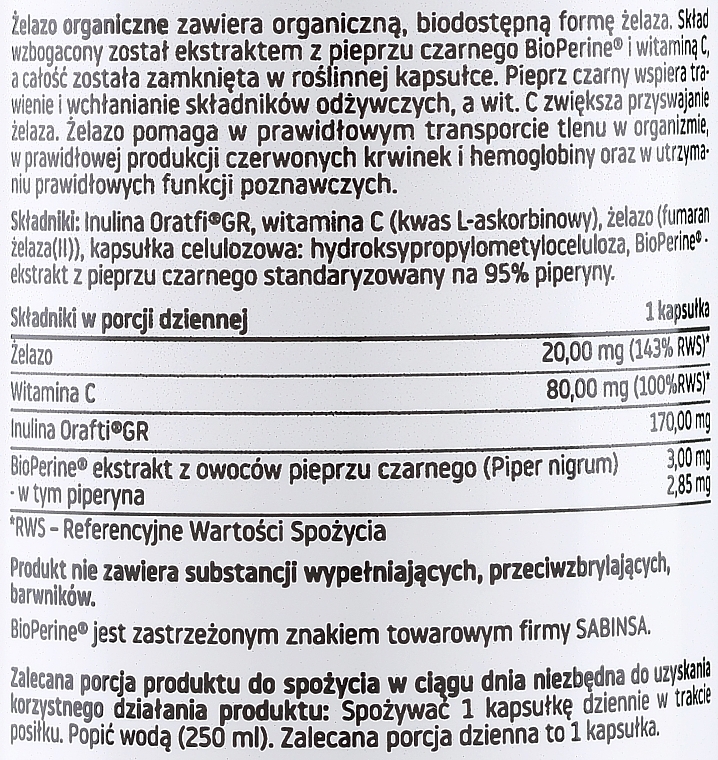 Suplement diety Żelazo organiczne, 20 mg - Pharmovit Clean Label  — Zdjęcie N2