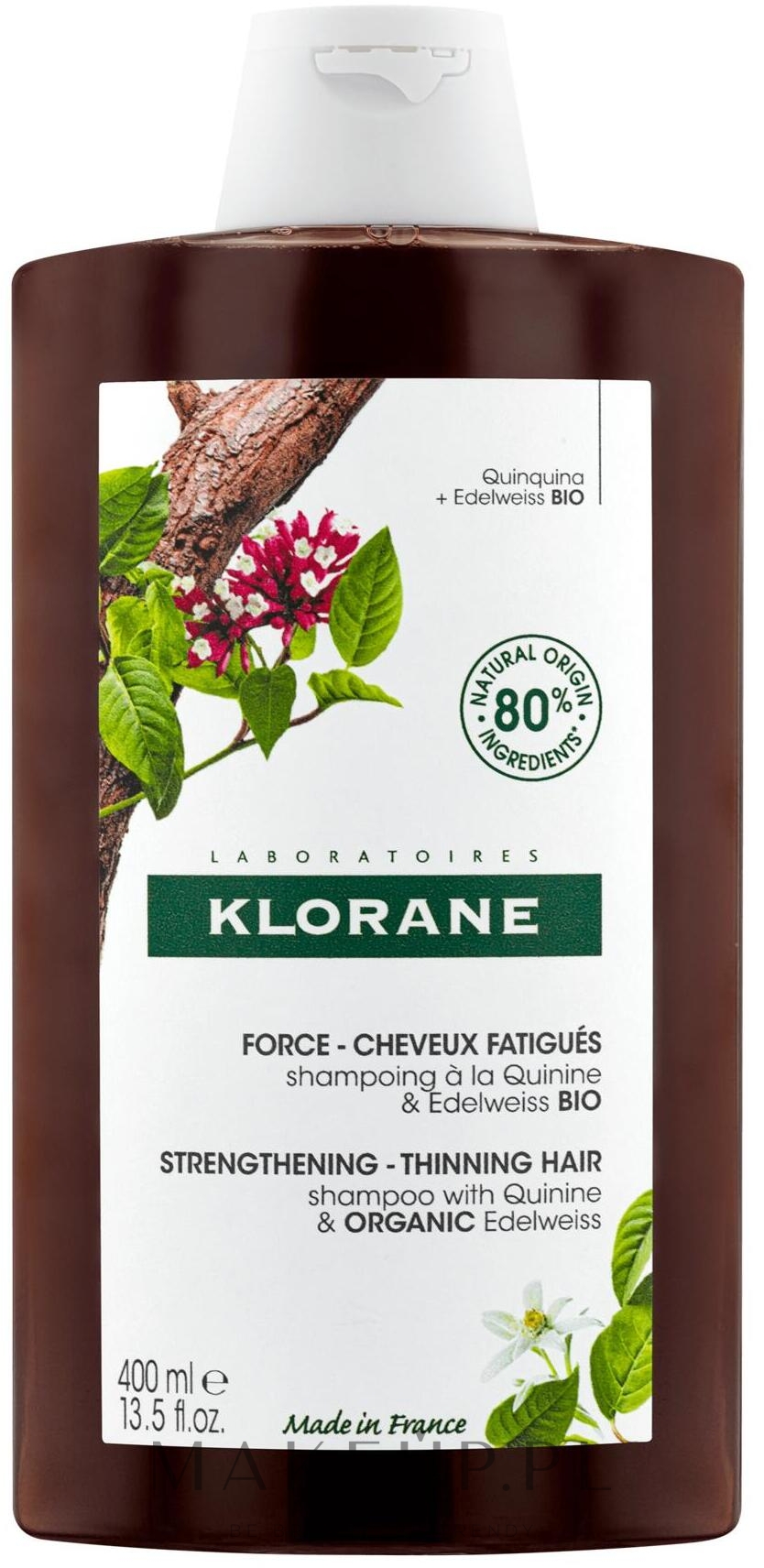 Wzmacniający szampon do włosów cienkich i skłonnych do wypadania - Klorane Force Tired Hair & Hair Loss Shampoo with Organic Quinine and Edelweiss  — Zdjęcie 400 ml
