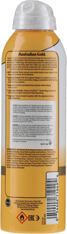 Spray przeciwsłoneczny o wysokiej ochronie SPF 30 - Australian Gold Premium Coverage — фото N2