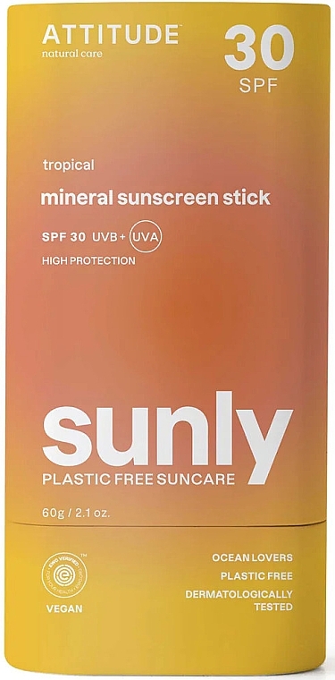 Sztyft przeciwsłoneczny Tropikalny - Attitude Sunly Mineral Sunscreen Stick SPF30 — Zdjęcie N1