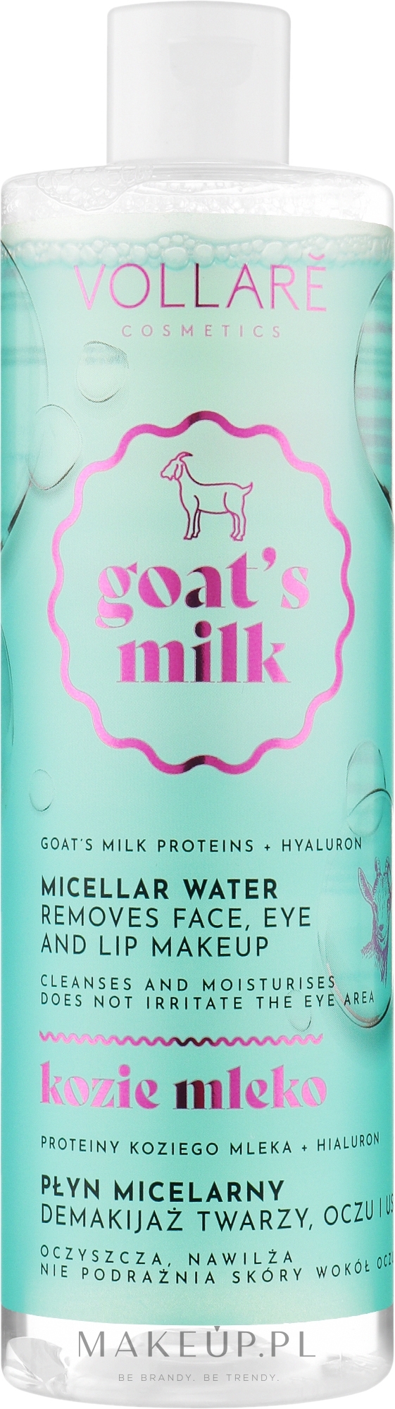 Nawilżający płyn micelarny do demakijażu twarzy, oczu i ust Kozie mleko - Vollare Goat's Milk Micellar Water Hydra Hyaluron — Zdjęcie 400 ml