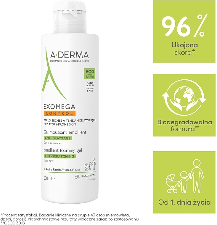 Pieniący się żel-emolient do kąpieli do skóry ze skłonnością ze świądu - A-Derma Exomega Control Emollient Anti-Scratching Foaming Gel — Zdjęcie N6