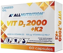 Suplement diety D3+K2 i olej lniany - Allnutrition Vit D3 2000 + K2 Linseed Oil — Zdjęcie N1