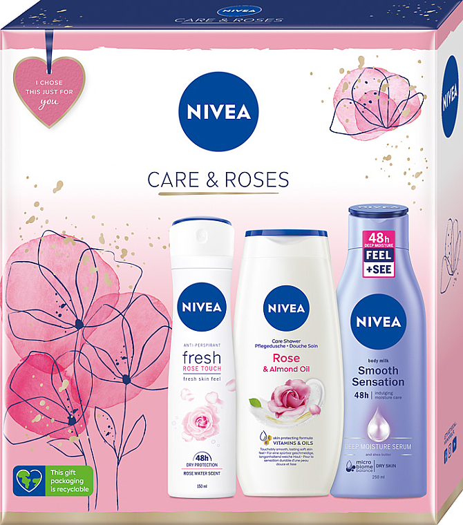 Zestaw - NIVEA Care & Roses (deo/spray/150ml + sh/gel/250ml + b/milk/250ml) — Zdjęcie N1