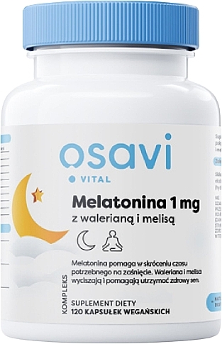 Melatonina z walerianą i melisą na poprawę snu, 1 mg - Osavi Melatonin With Valerian And Lemon Balm, Helps With Falling Asleep 1Mg — Zdjęcie N1