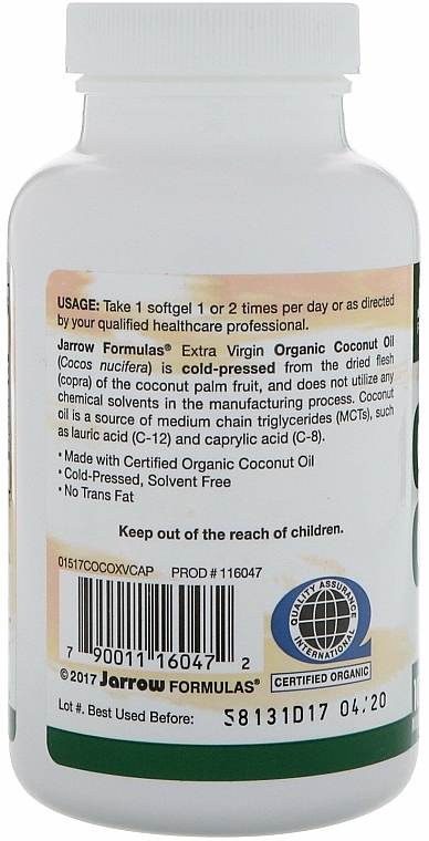 Olej kokosowy - Jarrow Formulas Coconut Oil Extra Virgin 1000mg — Zdjęcie N3
