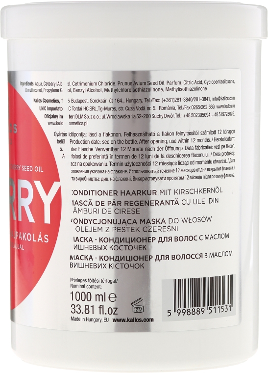 Kondycjonująca maska do włosów z olejem z pestek czereśni - Kallos Cosmetics KJMN Conditioning Mask With Cherry Seed Oil — Zdjęcie N4