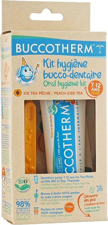 Zestaw do higieny jamy ustnej Junior, Peach Ice Tea, 7-12 lat - Buccotherm ( organic oral/gel/50ml + toothbrush/1pc + pouch/1pc) — Zdjęcie N1