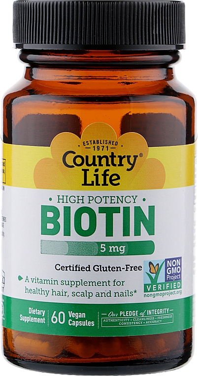 Biotyna, 5 mg - Country Life Biotin — Zdjęcie N1