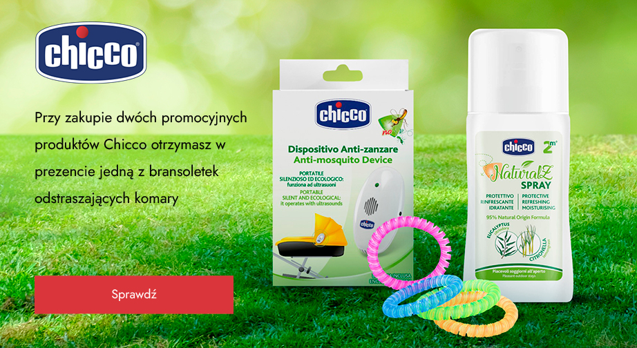 Przy zakupie dwóch promocyjnych produktów Chicco otrzymasz w prezencie jedną z bransoletek odstraszających komary.