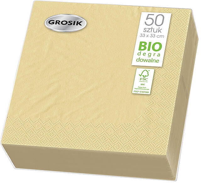Biodegradowalne serwetki papierowe, dwuwarstwowe, 33 x 33 cm, beżowe, 50 szt. - Grosik — Zdjęcie N1