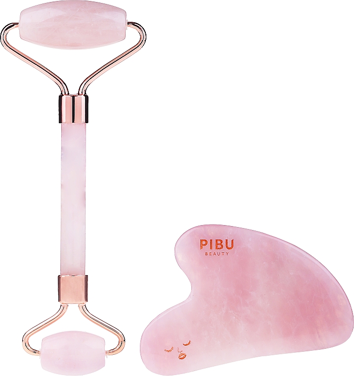 Zestaw - Pibu Beauty Rose Quartz Facial Roller & Gua Sha Set (massager 2 pcs) — Zdjęcie N2