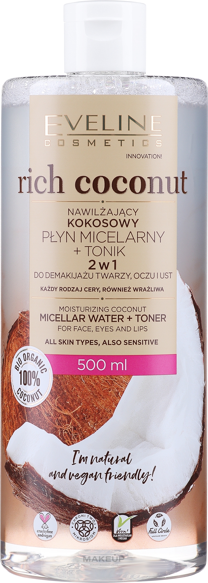 Nawilżający kokosowy płyn micelarny i tonik - Eveline Cosmetics Rich Coconut — Zdjęcie 500 ml