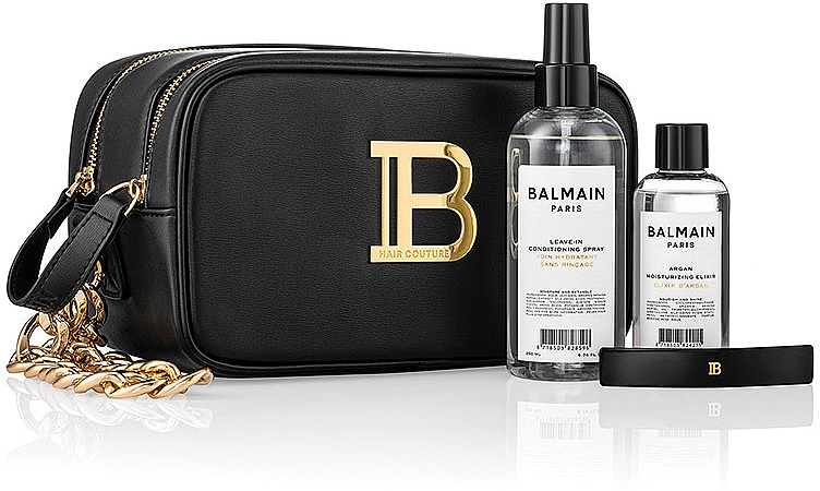 Zestaw - Balmain Paris Hair Couture Signature Black & Gold Pouch Gift Set (h/cond/200ml + h/elixir/100ml + h/clip/1pcs + bag/1pcs) — Zdjęcie N1