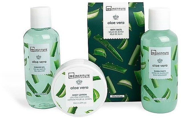 Zestaw - IDC Institute Aloe Vera Set (sh/gel/150ml + b/lot/50ml + bath/salt/250g + b/foam/150ml) — Zdjęcie N2