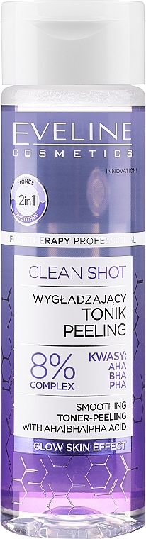 Wygładzający tonik-peeling do twarzy z 8% kwasami AHA, BHA, PHA - Eveline Clean Shot Smoothing Tonic-Peeling with 8% AHA BHA PHA Acid — Zdjęcie N1