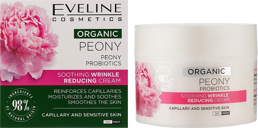Łagodzący krem redukujący zmarszczki do skóry wrażliwej i naczynkowej - Eveline Cosmetics Organic Peony — Zdjęcie N2